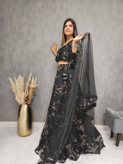 DEEPIKA BLACK SEQUENCE EMBROIDED NET LEHENGA