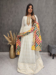 OFF WHITE EMBROIDERED SUIT WITH MULTI DUPATTA