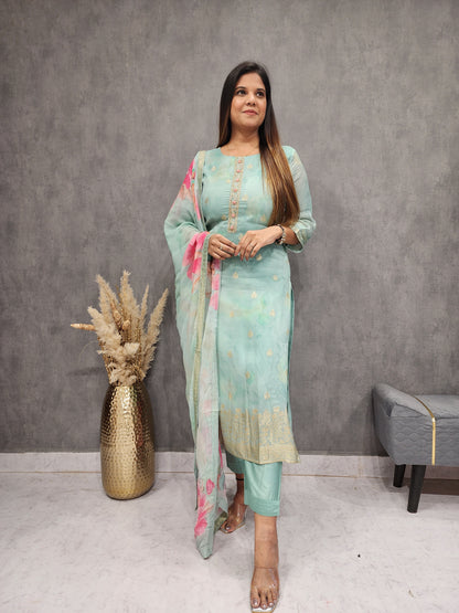 SAGE BLUE WEAVING KURTA SET WITH SHIFFON DUPATTA