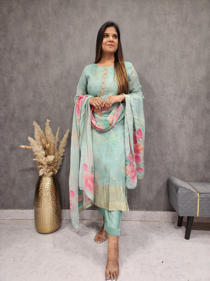 SAGE BLUE WEAVING KURTA SET WITH SHIFFON DUPATTA