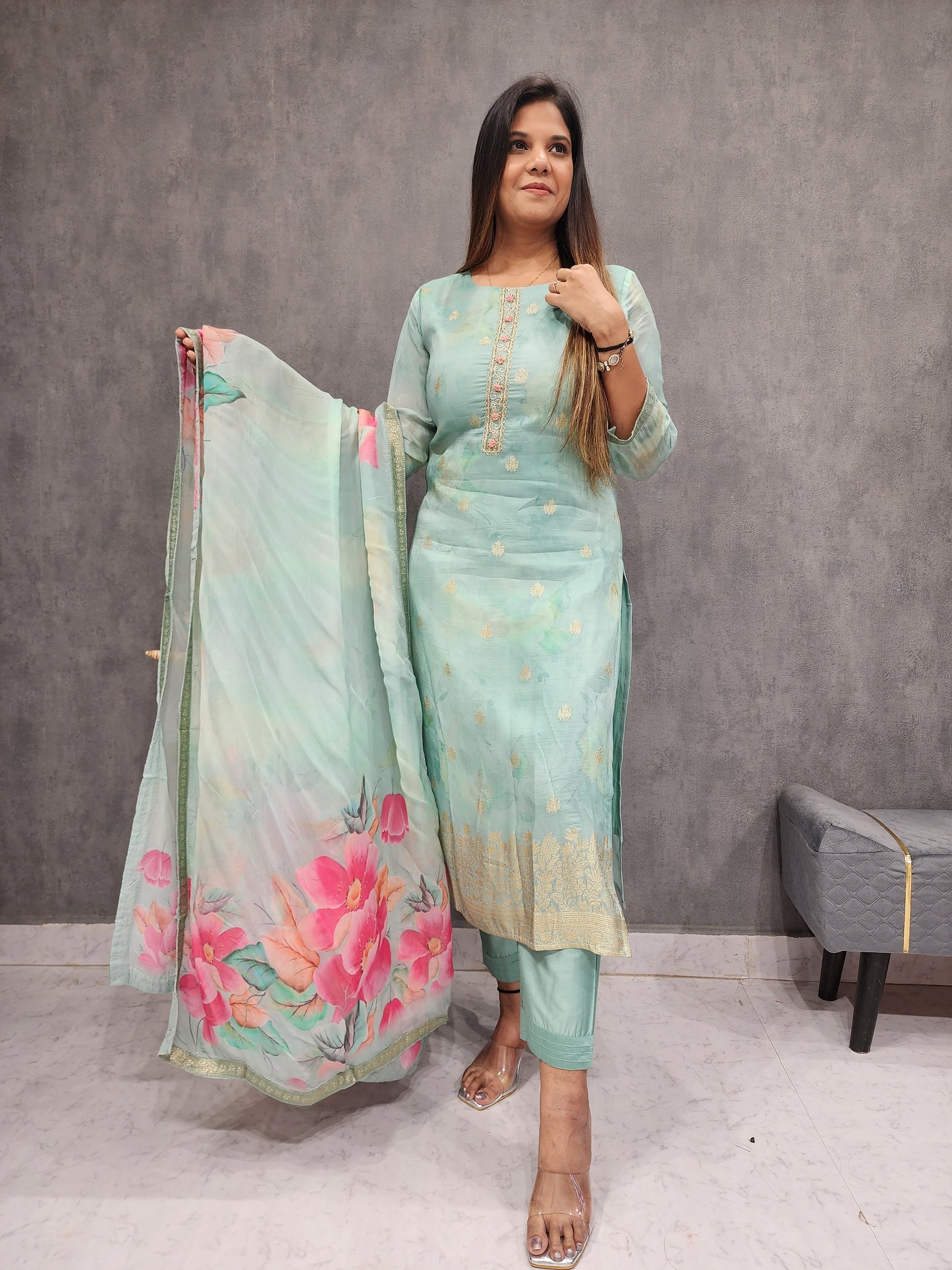 SAGE BLUE WEAVING KURTA SET WITH SHIFFON DUPATTA