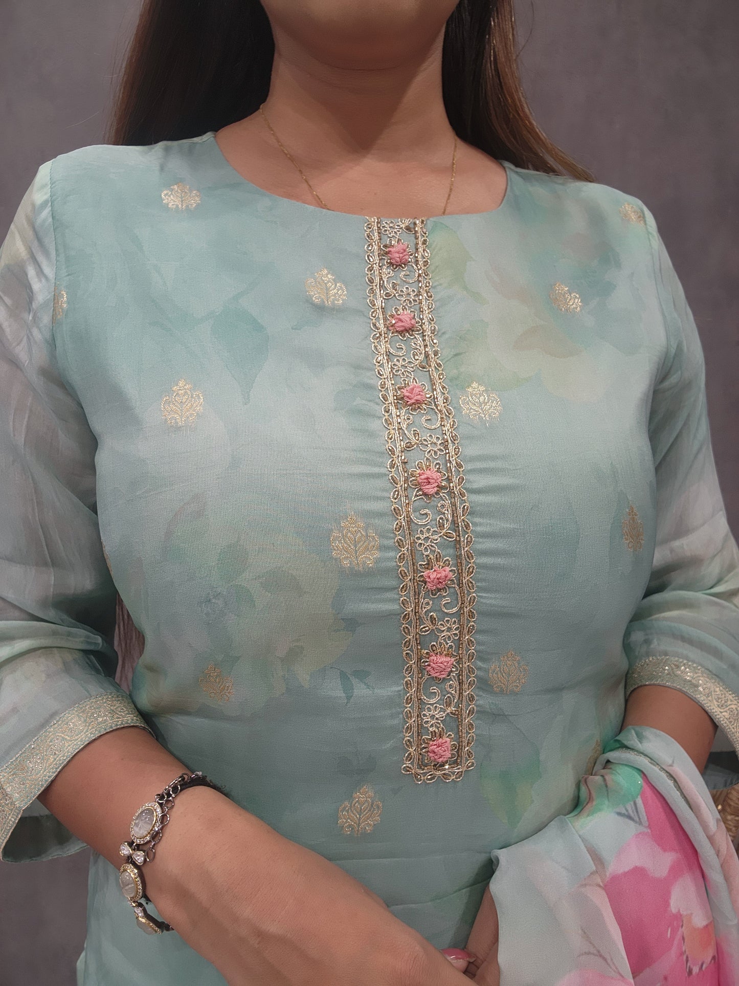 SAGE BLUE WEAVING KURTA SET WITH SHIFFON DUPATTA