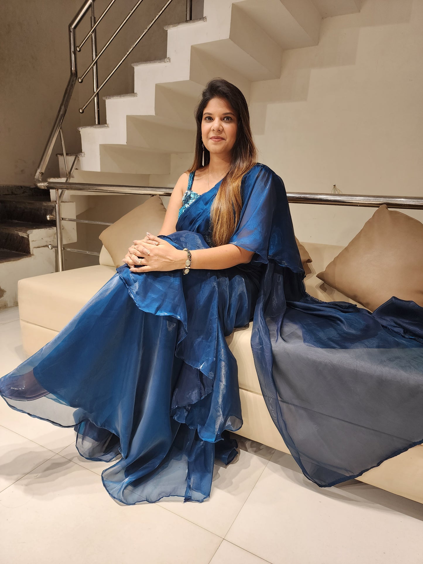 TEAL BLUE ORGANZA DRAPE RUFFLES SAREE