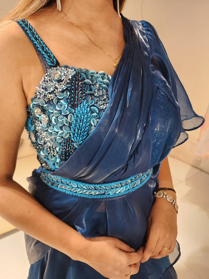 TEAL BLUE ORGANZA DRAPE RUFFLES SAREE