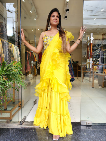 PC LEMON YELLOW DRAPE GARARA RUFFLES SAREE