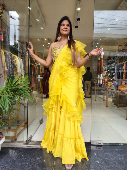 PC LEMON YELLOW DRAPE GARARA RUFFLES SAREE