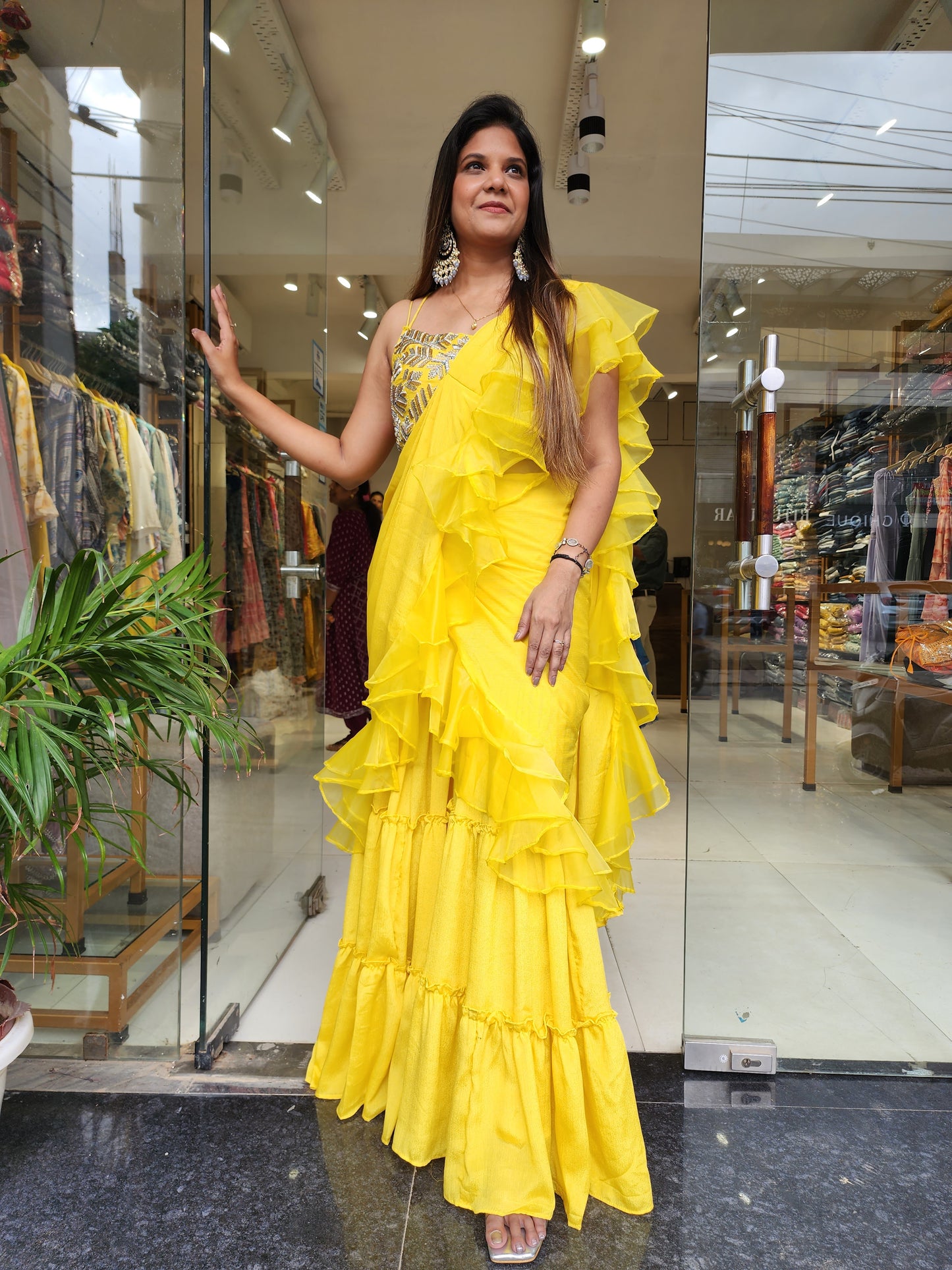 PC LEMON YELLOW DRAPE GARARA RUFFLES SAREE