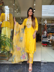 MANGO YELLOW EMBROIDERED STARIGHT SUIT WITH FLORAL ORGANZA DUPATTA