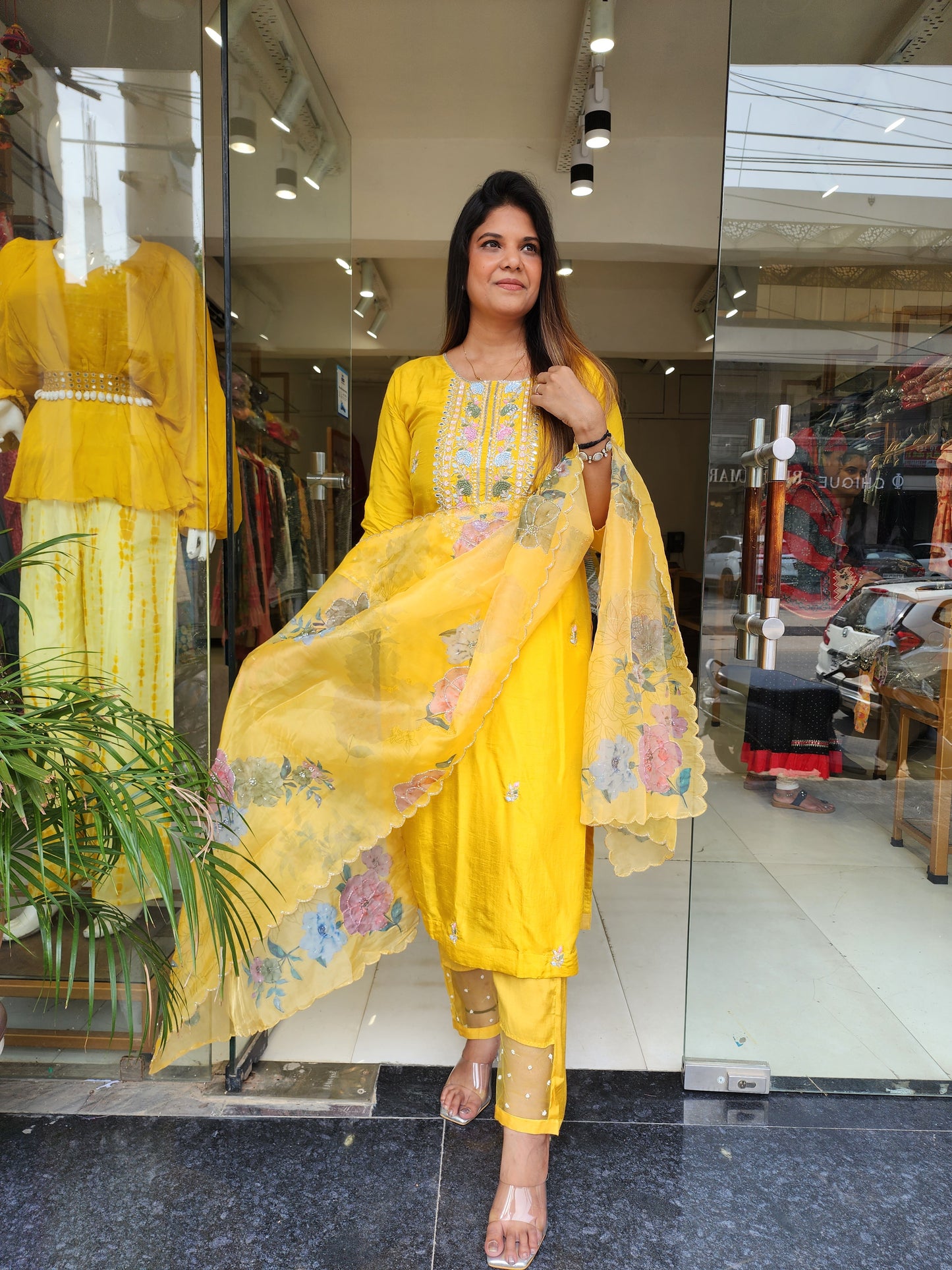 MANGO YELLOW EMBROIDERED STARIGHT SUIT WITH FLORAL ORGANZA DUPATTA