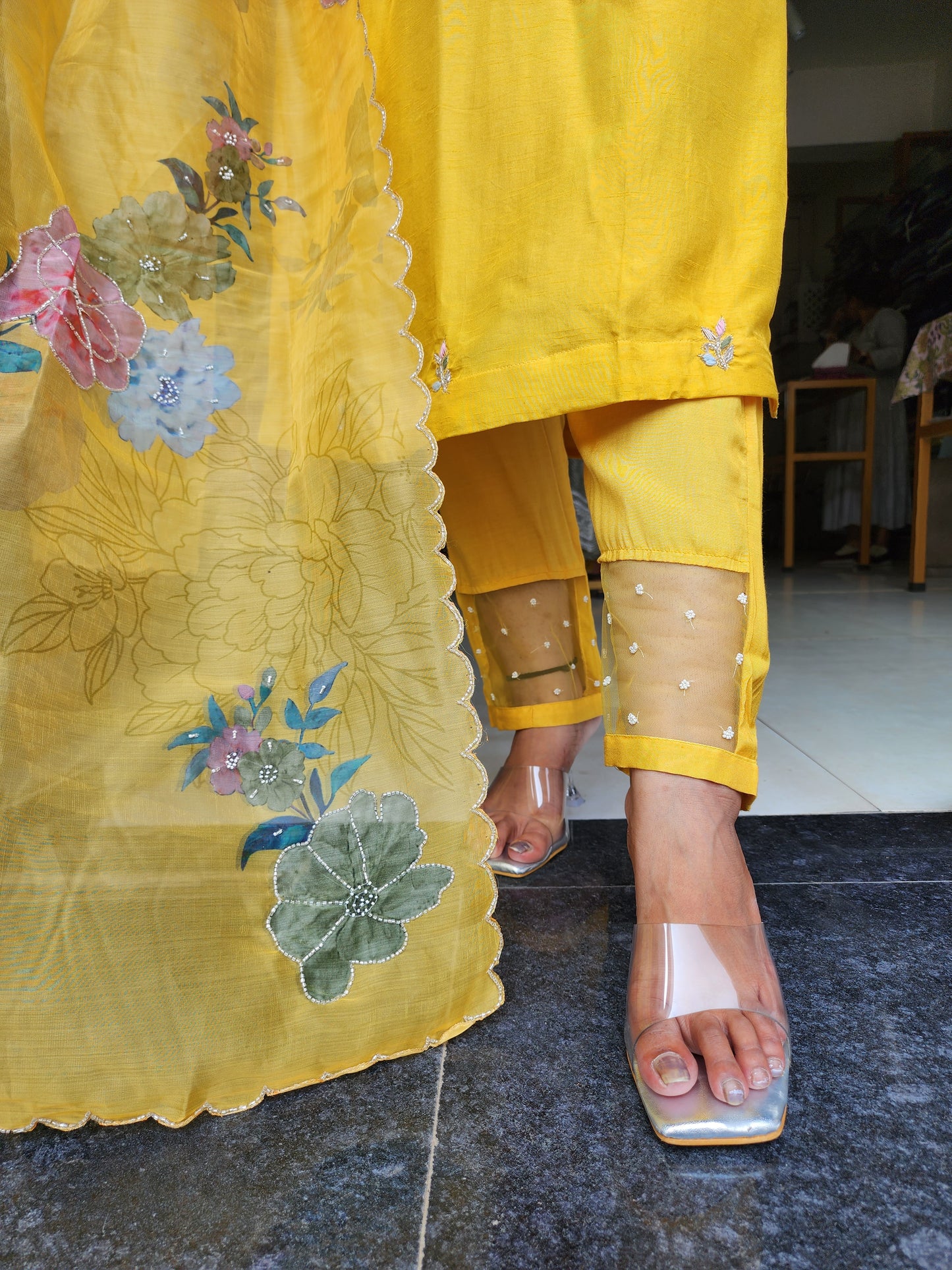 MANGO YELLOW EMBROIDERED STARIGHT SUIT WITH FLORAL ORGANZA DUPATTA