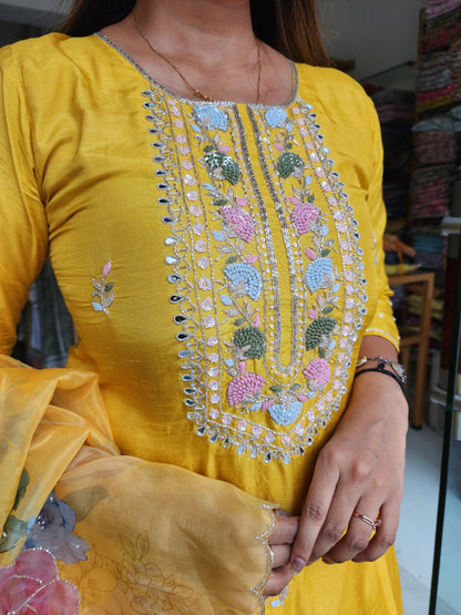 MANGO YELLOW EMBROIDERED STARIGHT SUIT WITH FLORAL ORGANZA DUPATTA