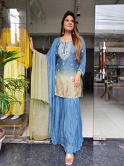 POWDER BLUE OMBRE GARARA SUIT WITH REAL MIRROR WORK