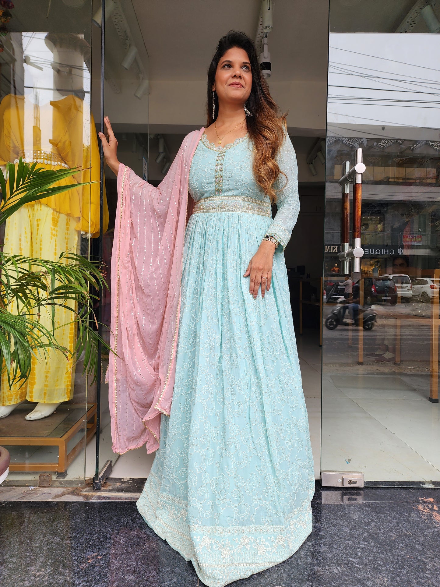 RUKSAAR SEA GREEN GEORGETTE EMBROIDERED MAXI GOWN