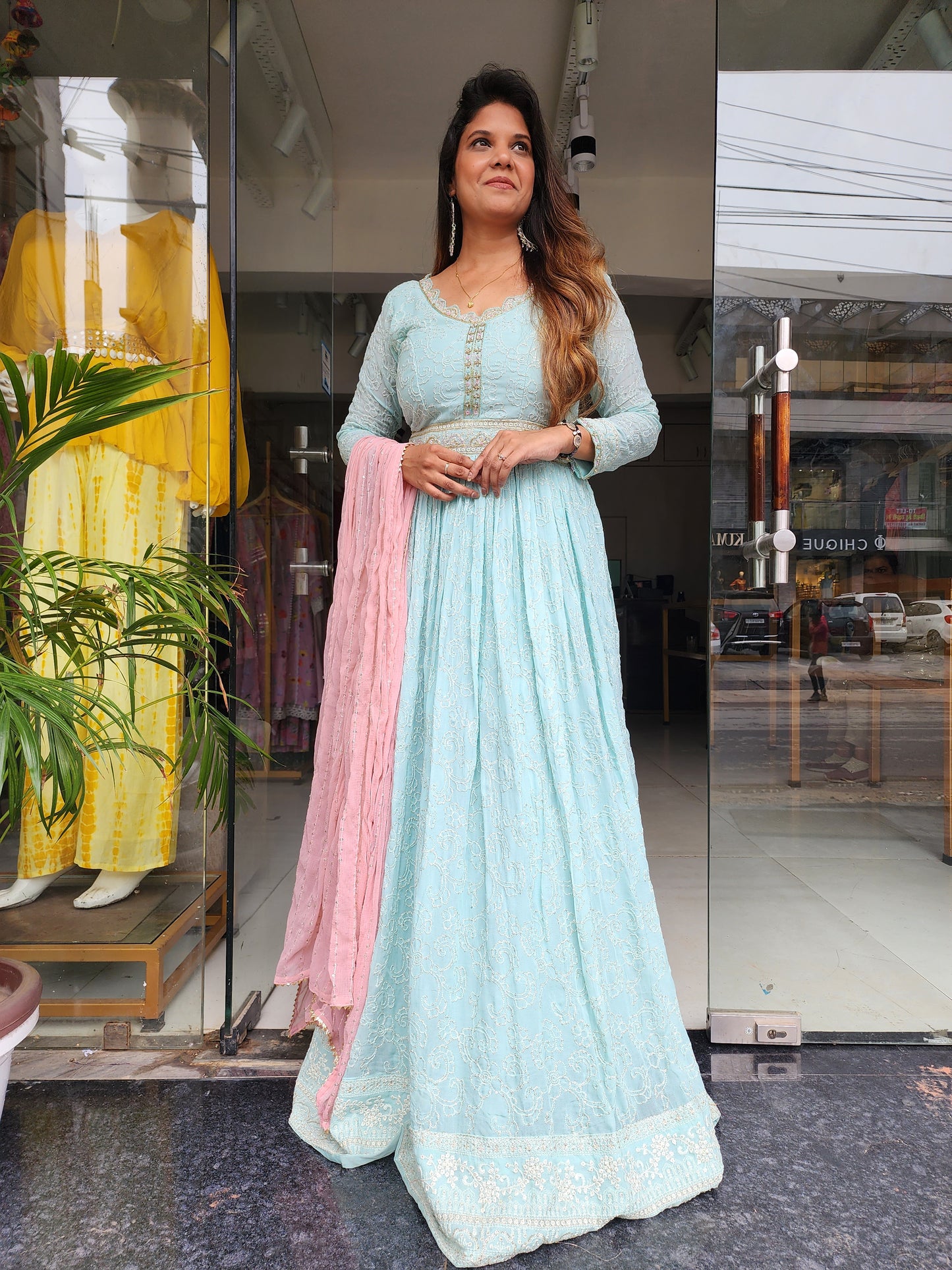 RUKSAAR SEA GREEN GEORGETTE EMBROIDERED MAXI GOWN