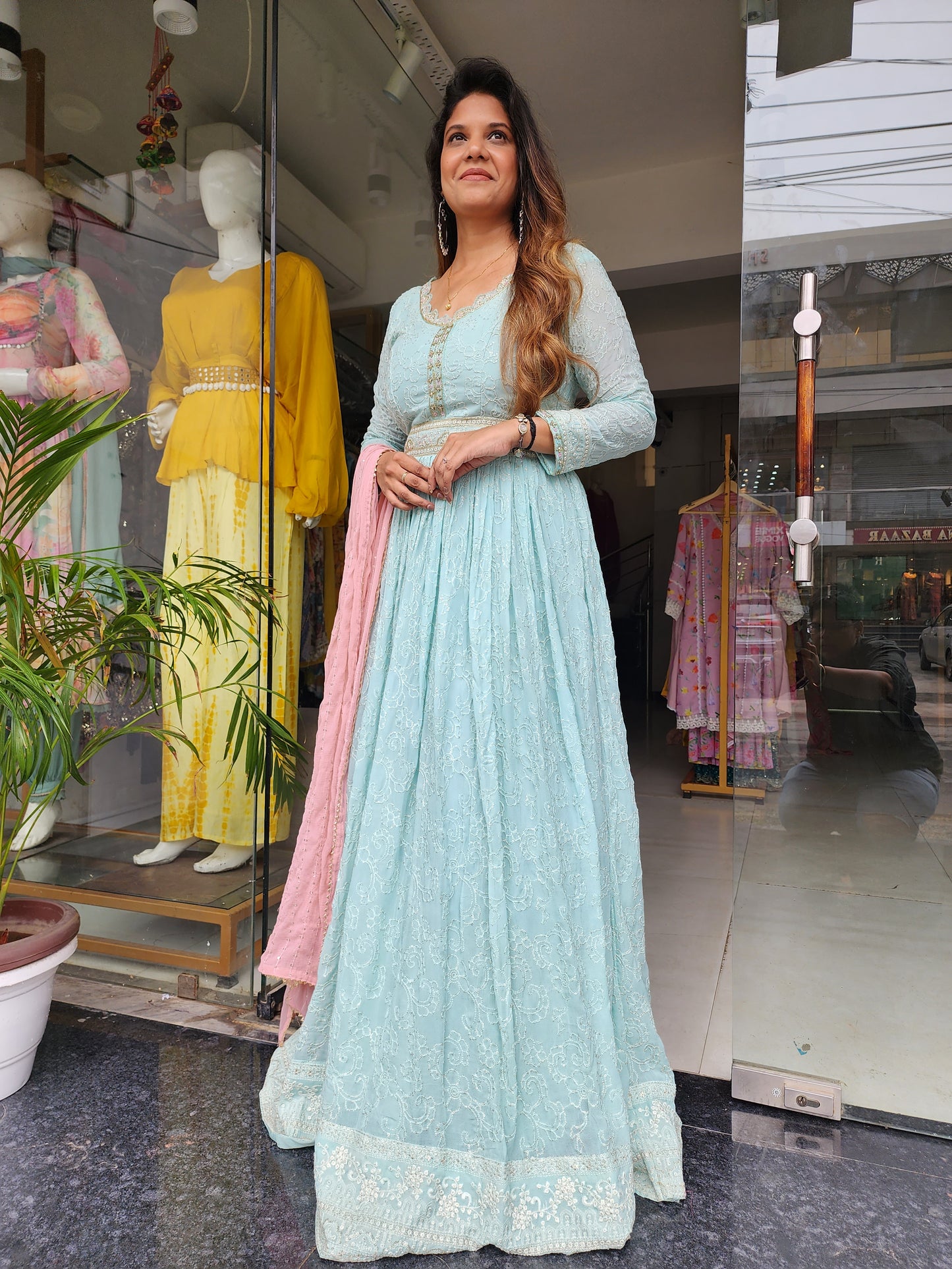 RUKSAAR SEA GREEN GEORGETTE EMBROIDERED MAXI GOWN