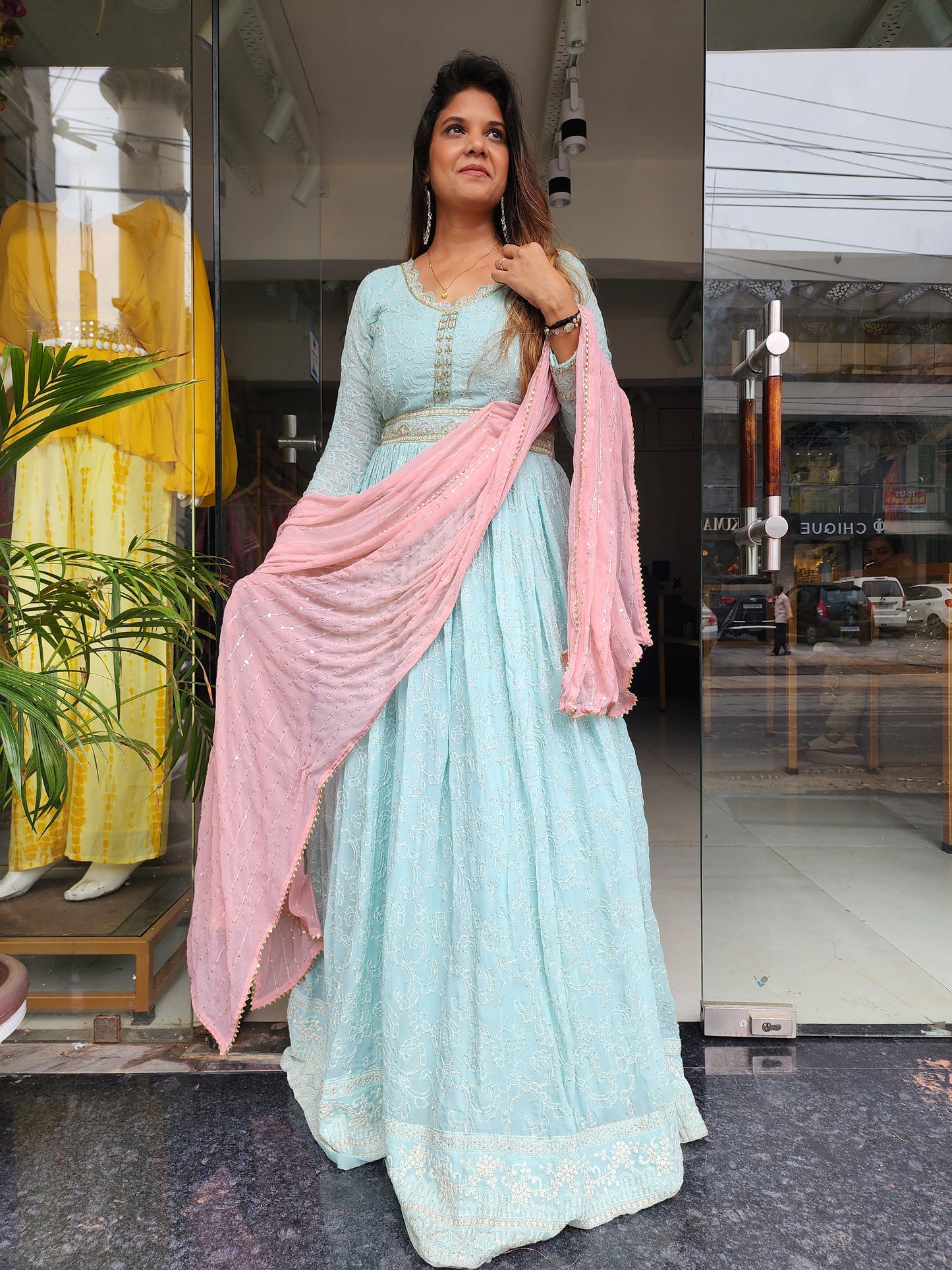 RUKSAAR SEA GREEN GEORGETTE EMBROIDERED MAXI GOWN