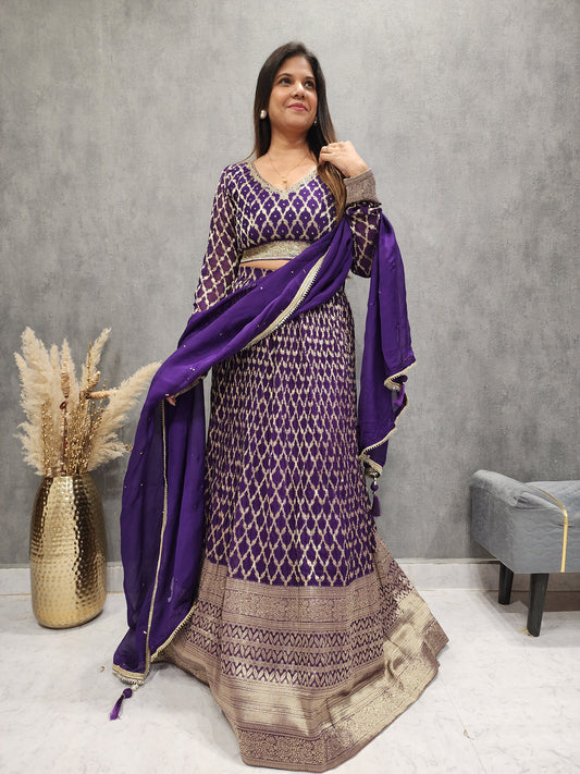 Brinjal georgette weaving lehenga with organza dupatta