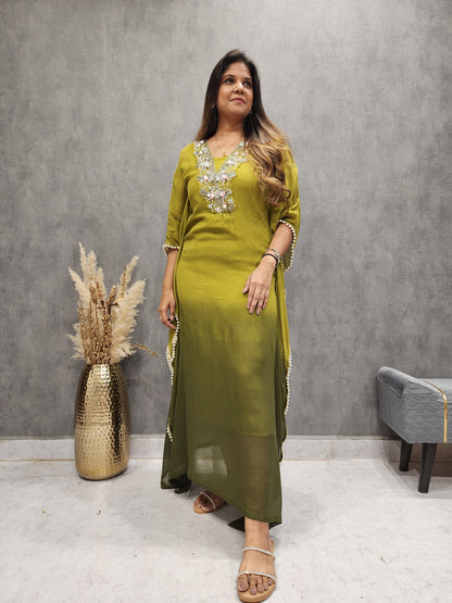 OMBRE OLIVE EMBROIDERED KAFTAAN MAXI DRESS