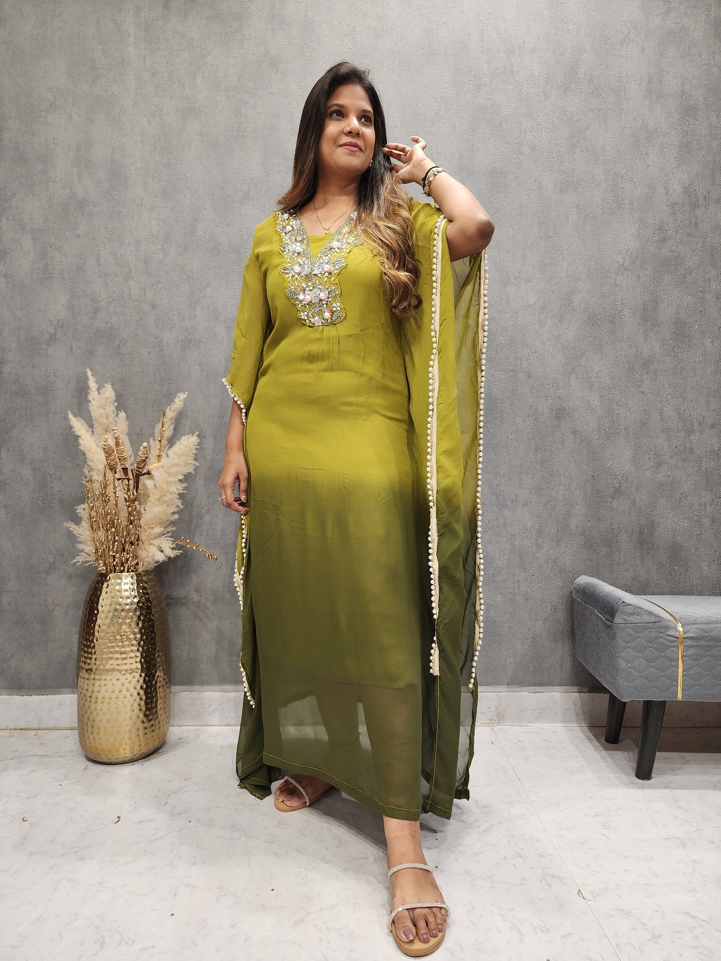 OMBRE OLIVE EMBROIDERED KAFTAAN MAXI DRESS