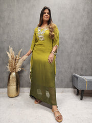 OMBRE OLIVE EMBROIDERED KAFTAAN MAXI DRESS