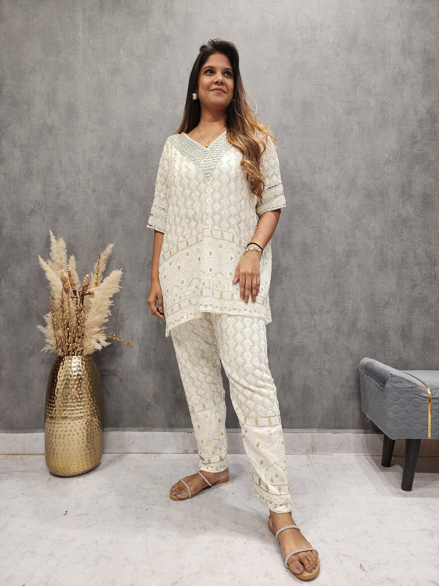 RAVISHING OFF-WHITE CHICKENKARI KAFTAAN CO-ORD SET