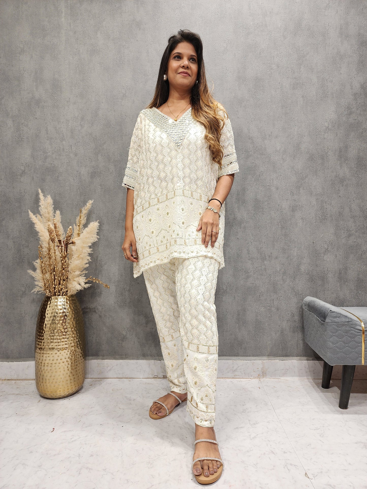 RAVISHING OFF-WHITE CHICKENKARI KAFTAAN CO-ORD SET