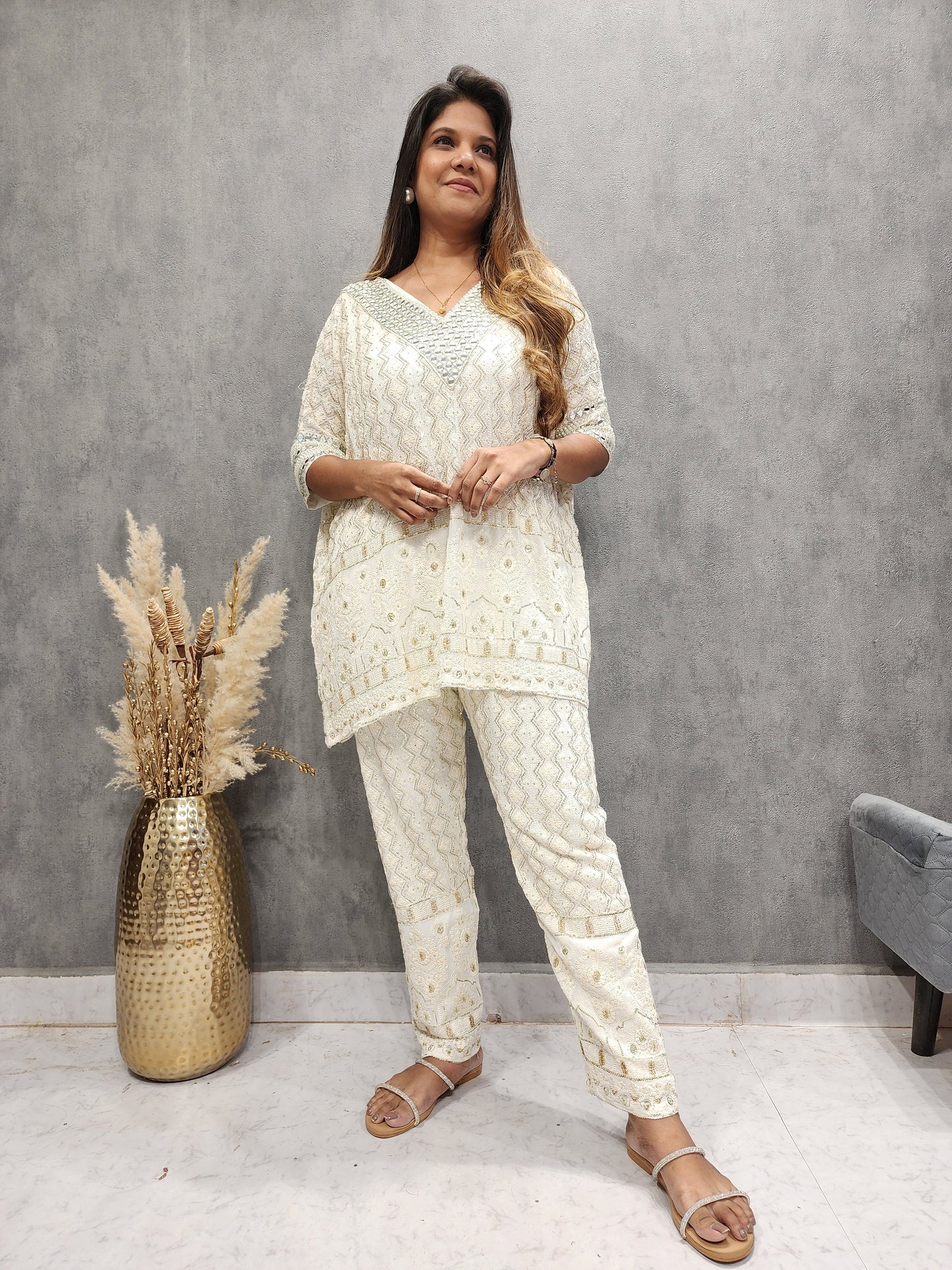 RAVISHING OFF-WHITE CHICKENKARI KAFTAAN CO-ORD SET