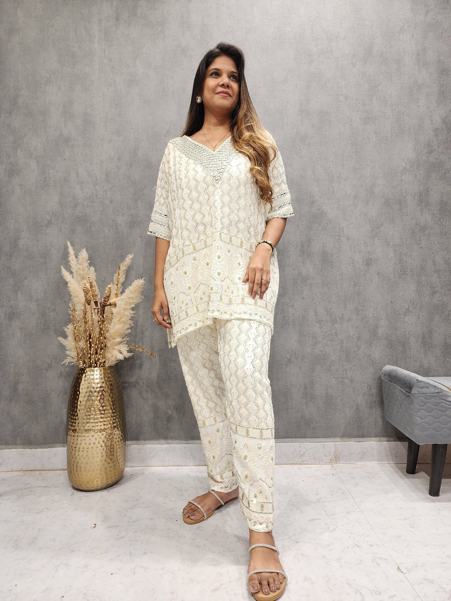 RAVISHING OFF-WHITE CHICKENKARI KAFTAAN CO-ORD SET