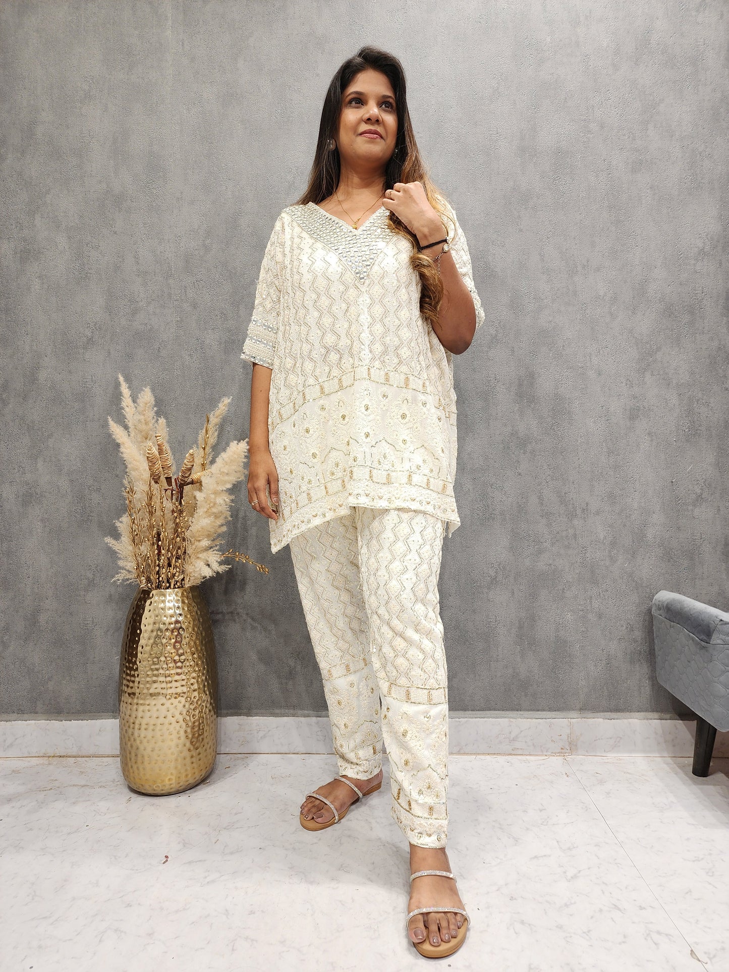 RAVISHING OFF-WHITE CHICKENKARI KAFTAAN CO-ORD SET