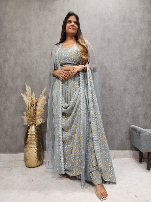 2 IN 1 STYLISH DRAPE GREY SAREE WITH BELT AND CAPE