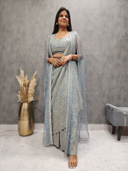 2 IN 1 STYLISH DRAPE GREY SAREE WITH BELT AND CAPE