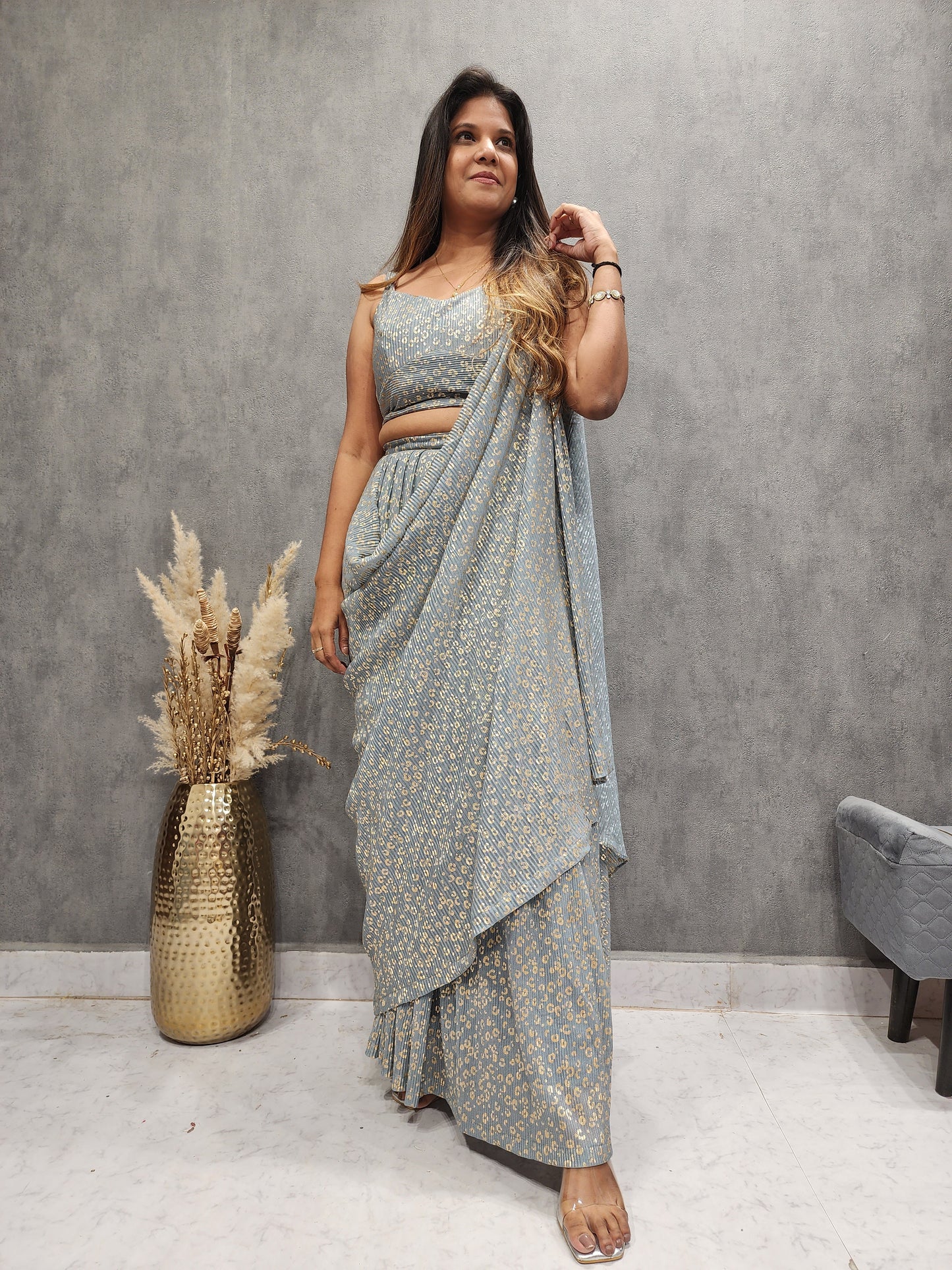 2 IN 1 STYLISH DRAPE GREY SAREE WITH BELT AND CAPE