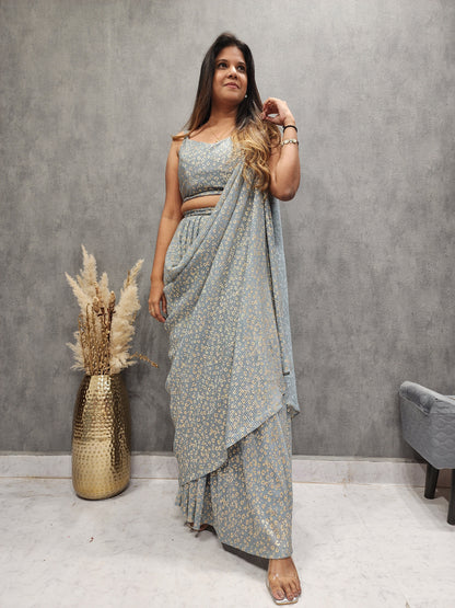 2 IN 1 STYLISH DRAPE GREY SAREE WITH BELT AND CAPE