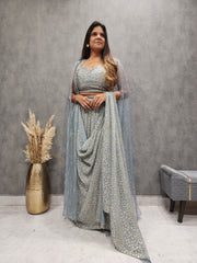 2 IN 1 STYLISH DRAPE GREY SAREE WITH BELT AND CAPE