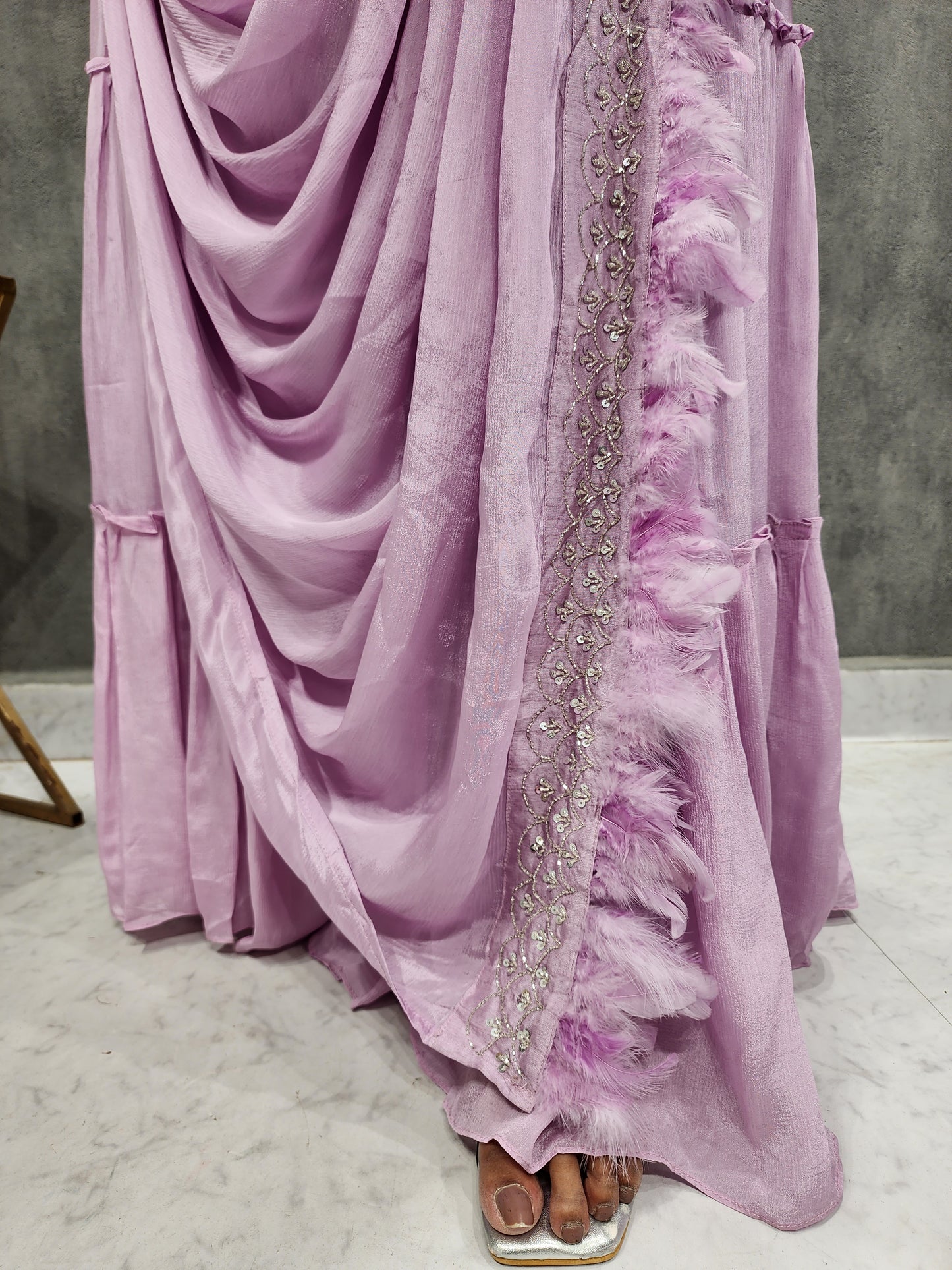 ONION FEATHER  EMBROIDED DRAPE SAREE WITH BELT