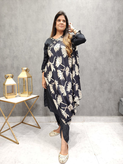 Black pathani suit with designer cowl drape