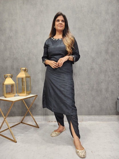 Black pathani suit with designer cowl drape