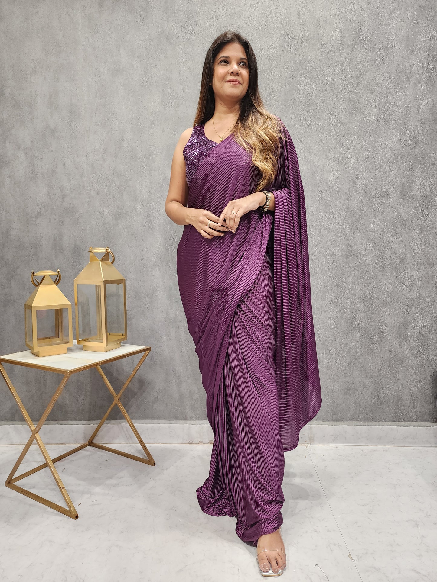 DAZZLE PURPLE EMBROIDED DRAPE SAREE WITH BELT