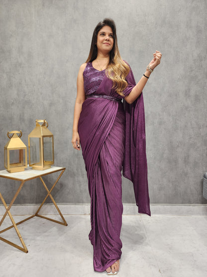 DAZZLE PURPLE EMBROIDED DRAPE SAREE WITH BELT