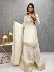 MANNAT OFF-WHITE EMBROIDED SKIRT WITH LONG KURTI AND DUPATTA