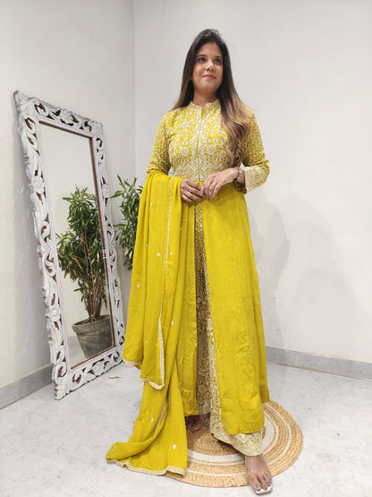 MUSTARD YELLOW CENTRE SLIT EMBROIDERED INDOWESTERN SUIT