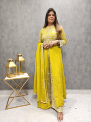 MUSTARD YELLOW CENTRE SLIT EMBROIDERED INDOWESTERN SUIT