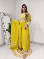 MUSTARD YELLOW CENTRE SLIT EMBROIDERED INDOWESTERN SUIT