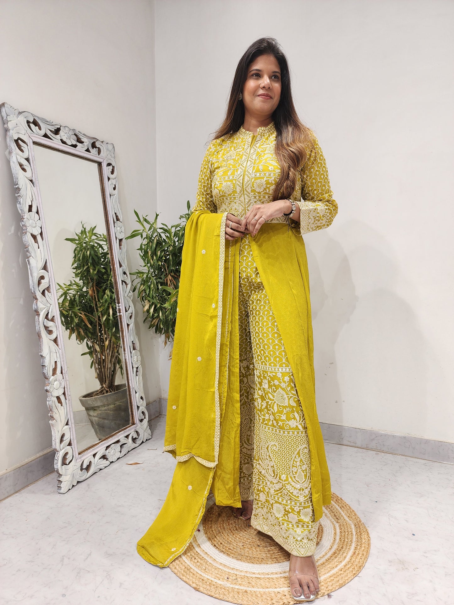 MUSTARD YELLOW CENTRE SLIT EMBROIDERED INDOWESTERN SUIT