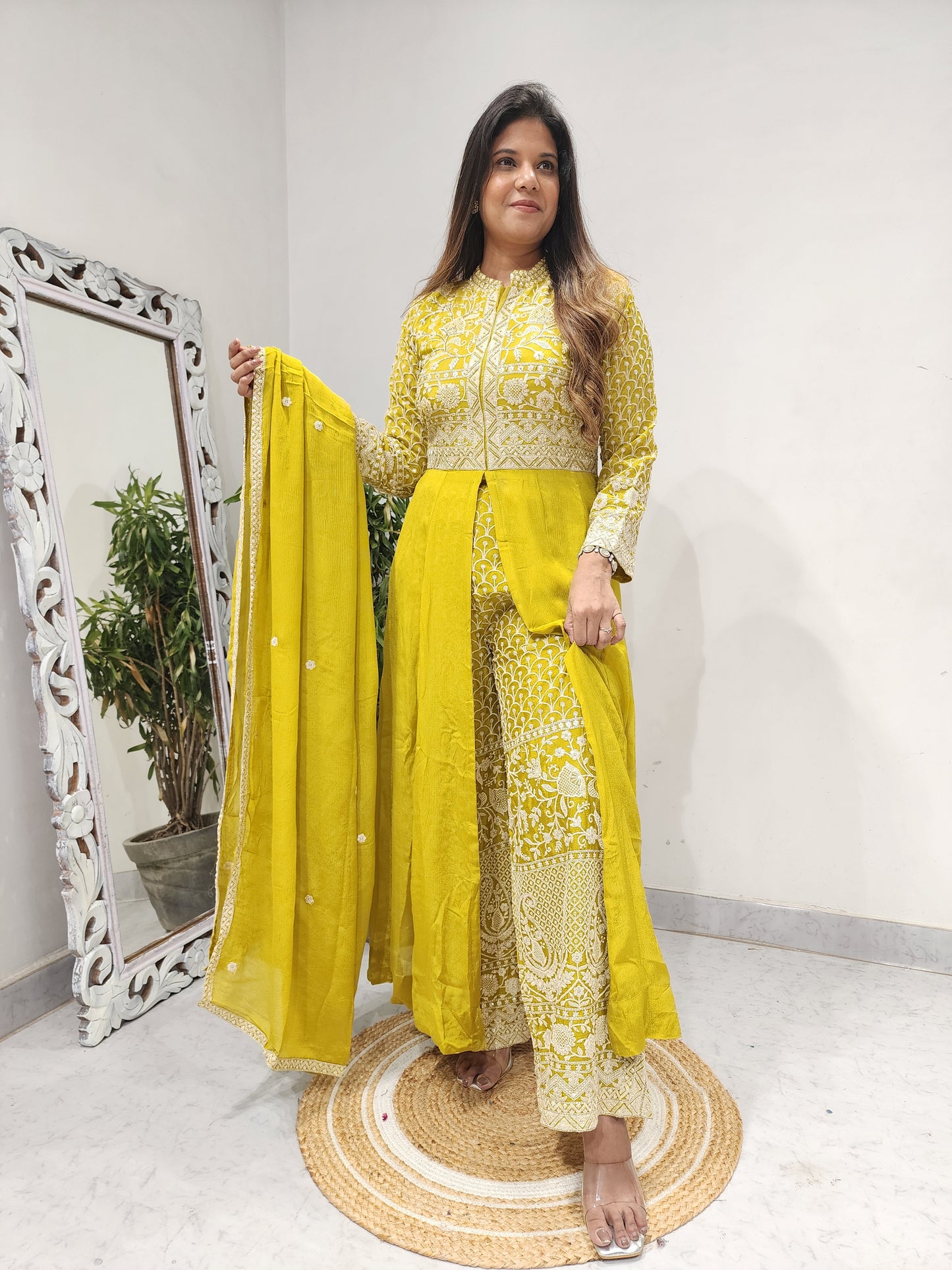 MUSTARD YELLOW CENTRE SLIT EMBROIDERED INDOWESTERN SUIT