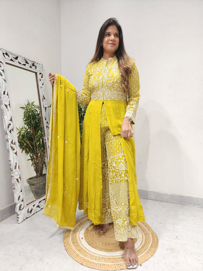 MUSTARD YELLOW CENTRE SLIT EMBROIDERED INDOWESTERN SUIT