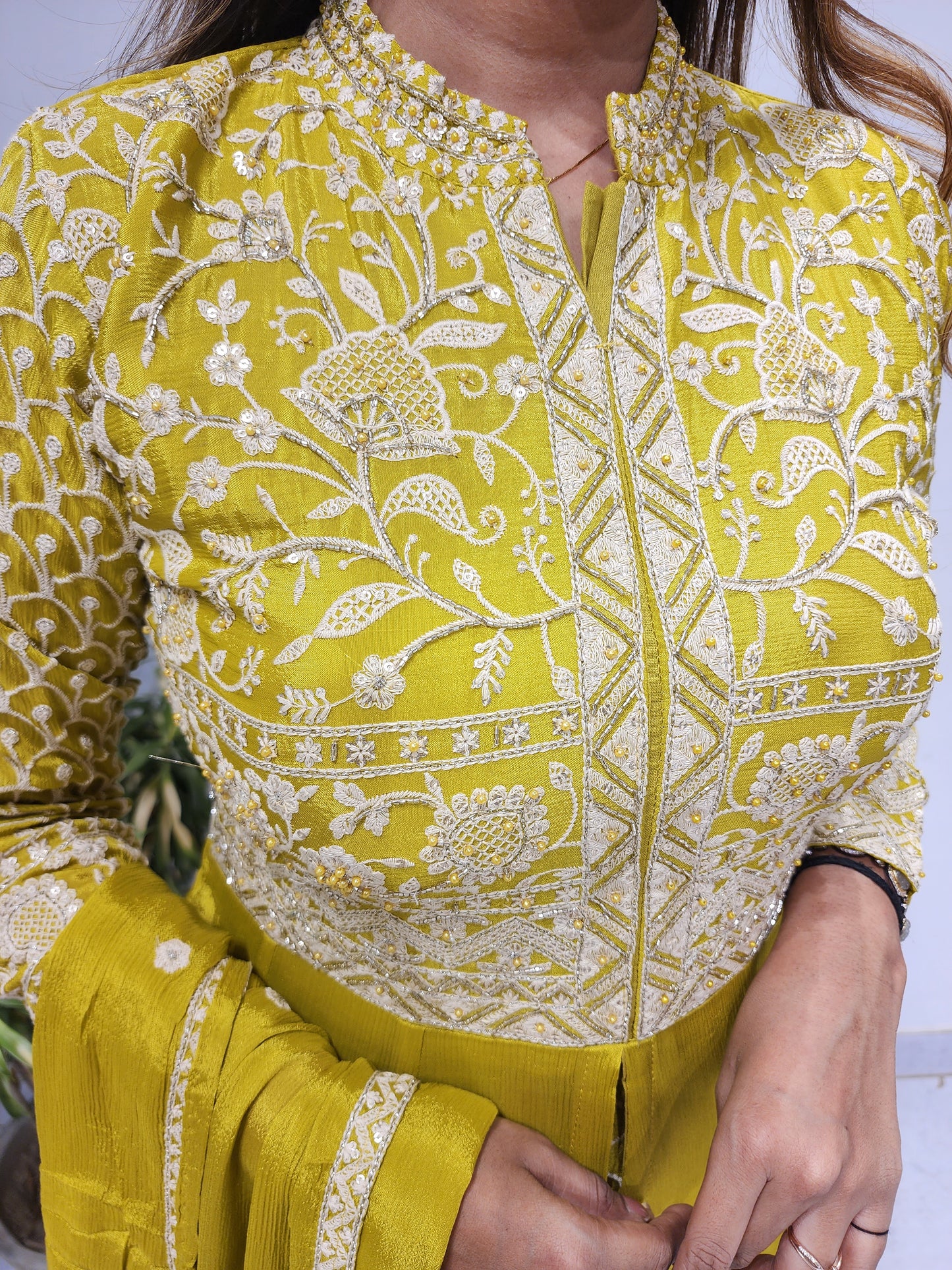 MUSTARD YELLOW CENTRE SLIT EMBROIDERED INDOWESTERN SUIT