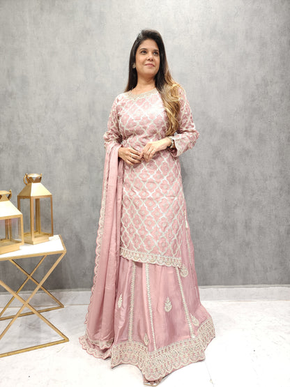 KISMAT EMBROIDERED ONION PINK SKIRT WITH LONG KURTI AND DUPATTA