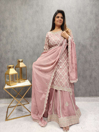 KISMAT EMBROIDERED ONION PINK SKIRT WITH LONG KURTI AND DUPATTA