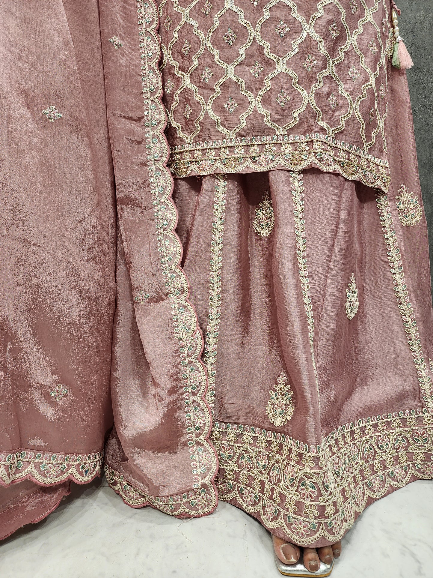 KISMAT EMBROIDERED ONION PINK SKIRT WITH LONG KURTI AND DUPATTA